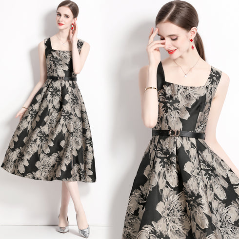 Runway Fashion Fall Jacquard Belted Retro Style Women's Dress, Party, Wedding Guest, Prom Vestidos